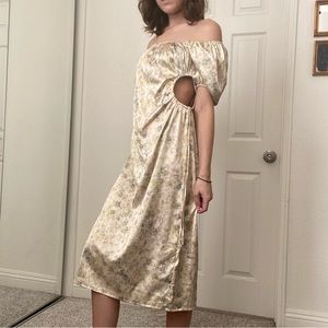Silky puff shoulder bardot midi dress
